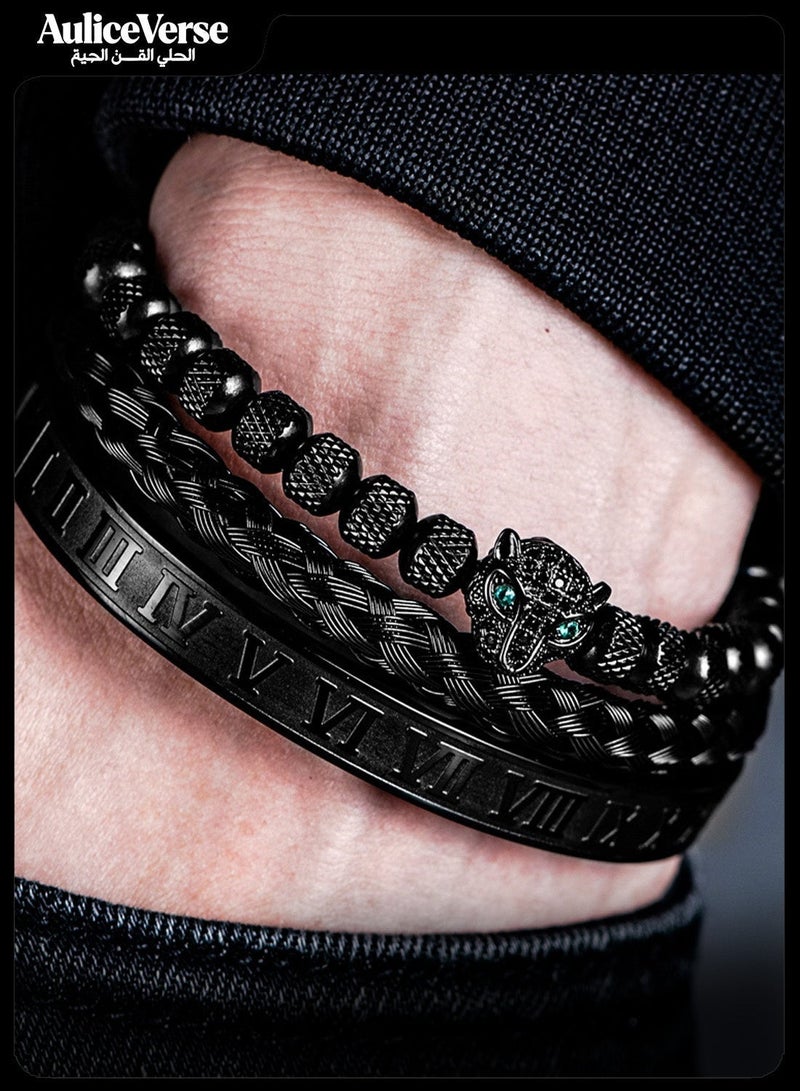 أوليس فيرس  هدية فالنتاين لأناقته – 3 أساور قابلة للتداخل: تصميم رأس النمر والأرقام الرومانية من الفولاذ والنحاس، جريئة وذات دلالة - Image 2